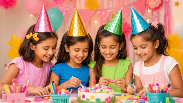 Children enjoying birthday craft activities