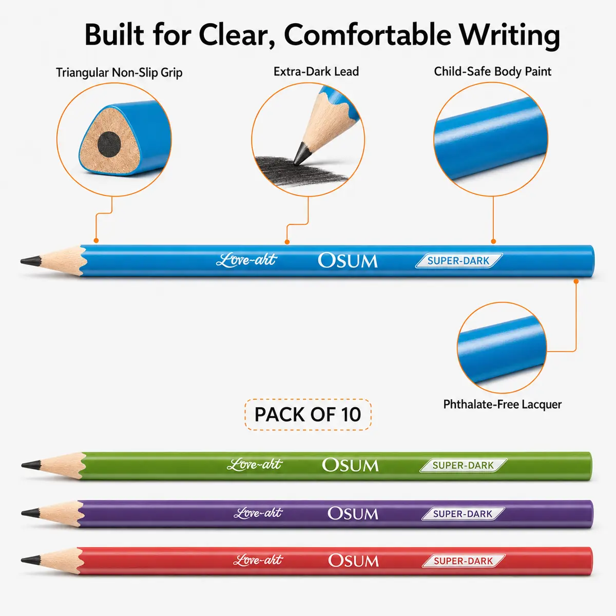 Osum handwriting pencils with triangular grip, extra-dark lead and child-safe body paint
