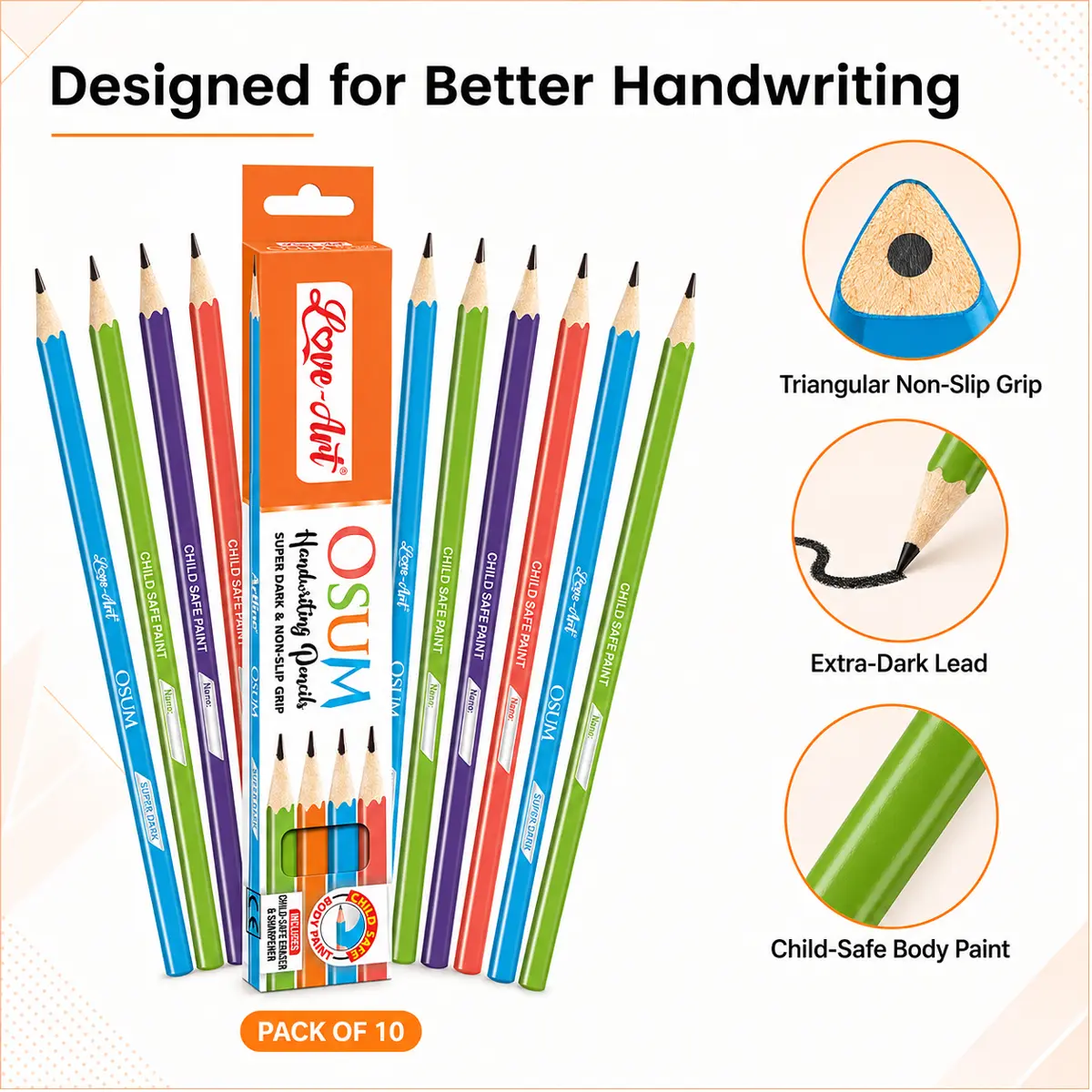 Osum Pack of 10 handwriting pencils with triangular non-slip grip and extra-dark lead