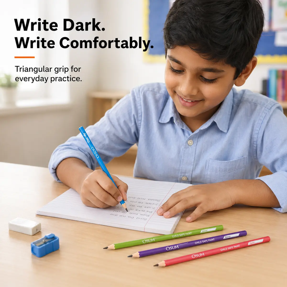 Indian schoolboy writing with an Osum triangular-grip handwriting pencil