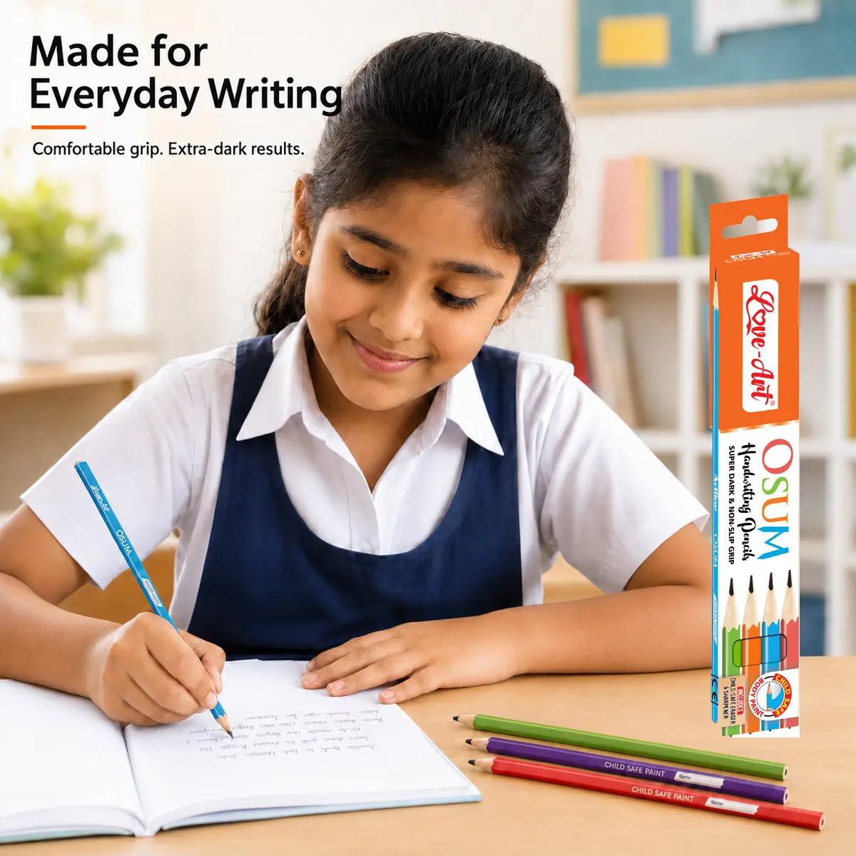 Indian schoolgirl using an Osum pencil for everyday handwriting practice
