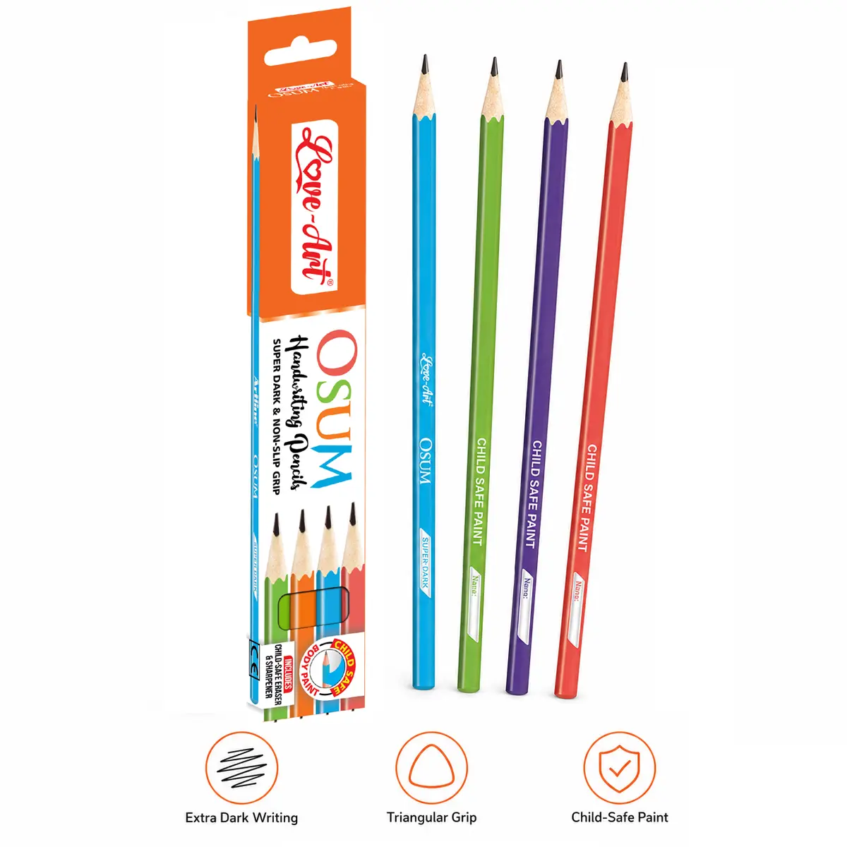 Osum handwriting pencil pack with extra-dark writing, triangular grip and child-safe paint